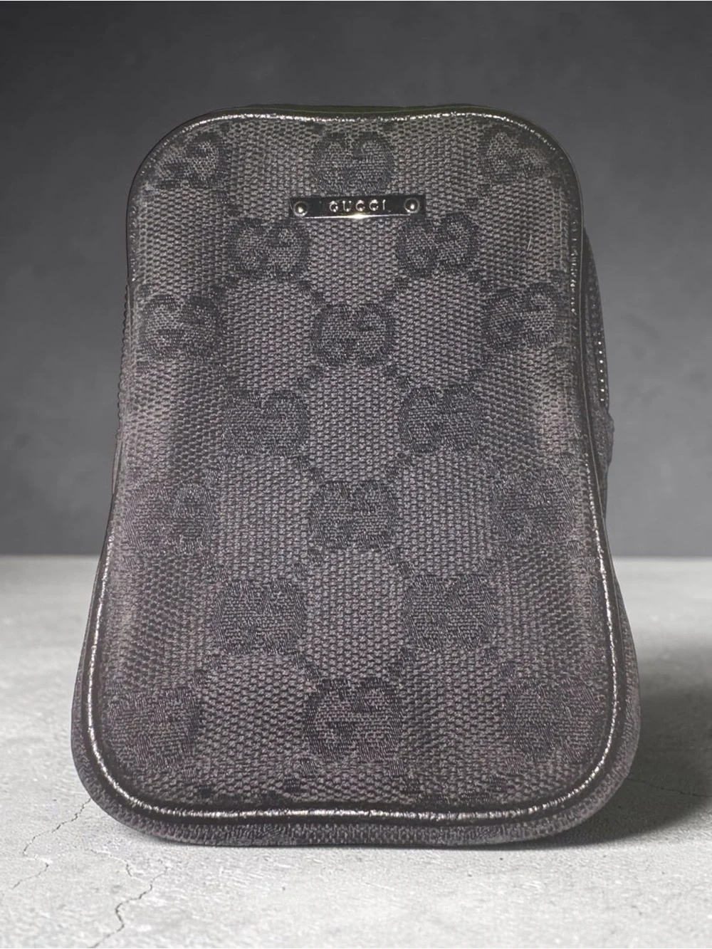 Vintage Gucci Black GG Canvas Toiletry Pouch with Leather Trim from 1990’s